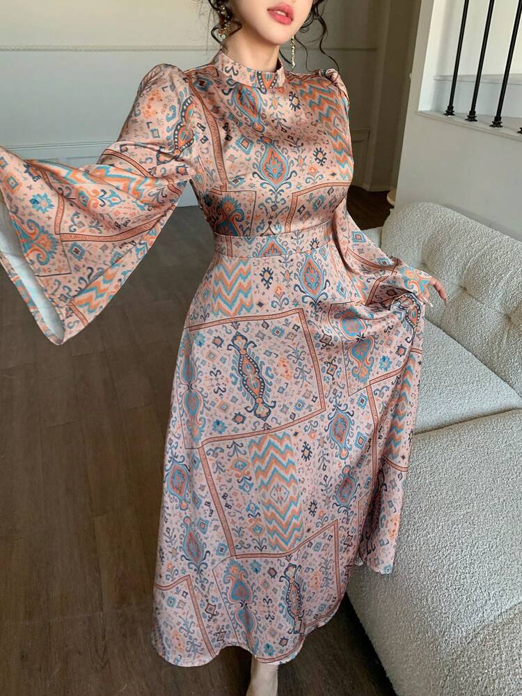 Women's Elegant Floral Print Stand Collar Puff Sleeve Tie-Waist Dress, Spring/Summer Wedding Guest Dress Easter Dress Sundress Boho