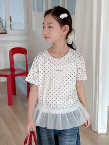 DAZY Tween Girls Round Neck Knit Polka Dot Print Contrast Mesh Short Sleeve T-Shirt, Fall Summer - White - View 5