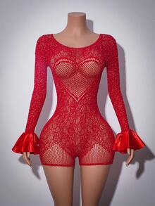 Valentine's Day Dancer Big Heart Hollow Ruffle Lantern Sleeve Satin Reflective Rhinestone Glitter Criss-Cross Tie Waist Slimming Seamless Y2K Clubwear Sexy Bodysuit For Women - Red - View 6