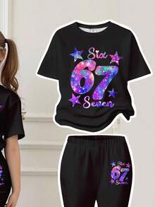SHEIN 全黑时尚星空彩色67图案印花“随心所欲”女童休闲卡通图案圆领短袖上衣和喇叭裤两件套，春夏装扮，舒适百搭，适合小女孩，时尚童装，休闲服饰，儿童彩色星空数字图案服装，别致新颖 - 彩色 - 查看 3