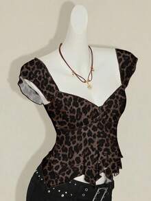 SHEIN ICON Women's Retro Leopard Print Knit Double-Layer Ruffle Hem Sweetheart Neck Cap Sleeve Elegant T-Shirt, Suitable For Casual Street Wear, Chic, Y2K Spring - Multicolor - View 6