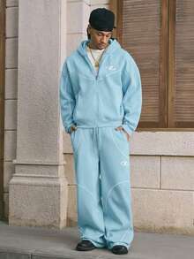 AXEPEAK 男士休闲运动拉链连帽衫和运动裤套装 - 淺藍色 - 查看 4