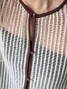 FRIFUL Women's Round Neck Open Front Mesh Contrast Trim Regular Jacket - Beige - View 4