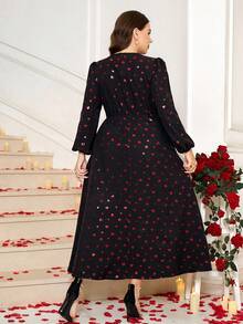 Gownix Plus Size Women's Valentine's Day Heart Print Lantern Sleeve Waist Cinched Dress,Black And Red Autumn Elegant Party New Year Eve Nye Outfits Flower - Multicolor - View 2