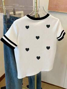 Teen Girl Heart Love Print Graphic Loose Casual Contrast Block Color Round Neck T-Shirt Suitable For Summer, Everyday Wear, Back To School,Vacation,Valentine's Day Lover Girl Shirt Cute T Shirt Teen Heart Shirt Kawaii Shirt