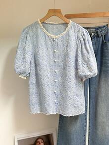 SHEIN Frenchy Women's Casual Floral Embroidered Shirt, Summer - Blue - View 7