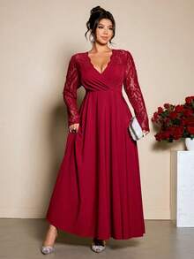 Cravure 大码女士优雅酒红色蕾丝拼接连衣裙，收腰A字修身设计，适合派对、新年、毕业典礼、节日、情人节、音乐节、母亲节、万圣节、感恩节、复活节、国庆节、舞会、约会、婚礼、郊游等场合。 - 酒紅色 - 查看 4