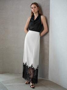 MOTF PREMIUM WOMEN'S SATIN & LACE PATCHWORK CONTRAST COLOR SKIRT - Black and White - View 6