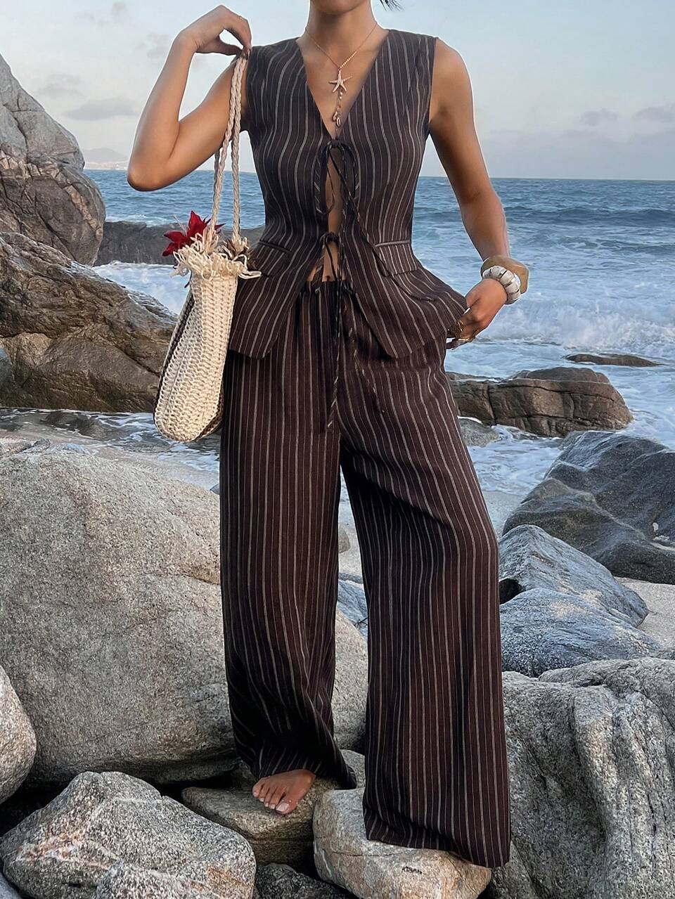 Women's White Tie Front Vest And Wide Leg Pants Casual Sexy 2 Pieces Set Lounge Sets For Women Summer Golf