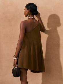 Zivah Women's Vacation Sleeveless Pleated Loose Fashion Mini Dress - Coffee - View 6