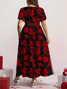 Firerie Elegant Vintage Rose Floral Pattern Loose Plus Size Dress, Suitable For Dates - Multicolor - View 2
