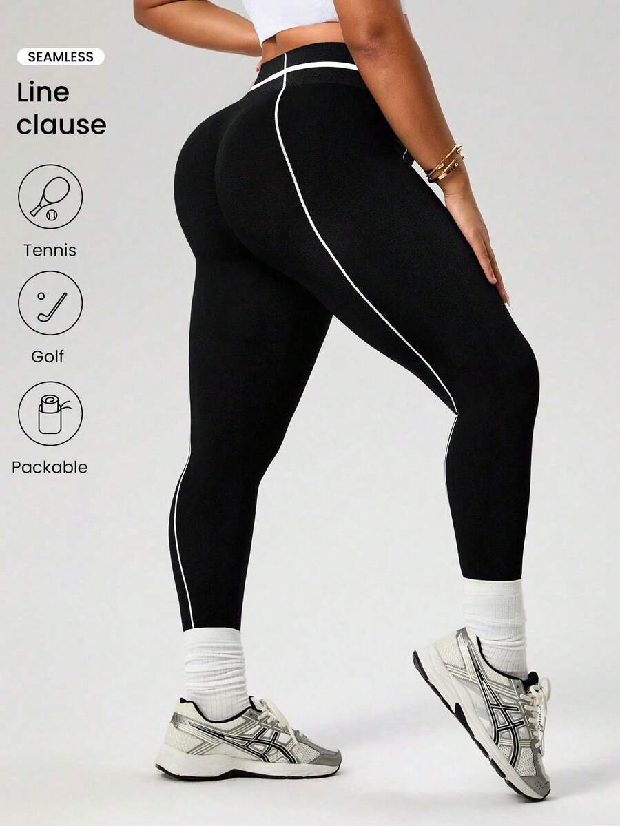 Rhythm Era 大码女式黑色无缝运动紧身裤，白色条纹瑜伽七分裤，健身 - 黑與白 - 查看 1