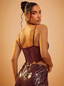 Hauture PU Leather Bust Lace Cami Corset Top - Red - View 2