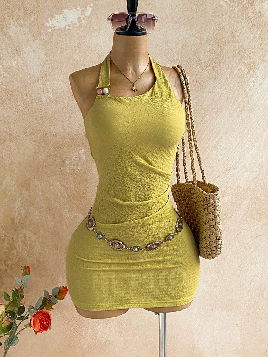 Soleia Đầm ngắn cổ yếm ôm dáng, màu trơn, thiết kế xếp ly, thời trang dành cho nữ, thích hợp cho kỳ nghỉ. - màu xanh lá - Xem 1