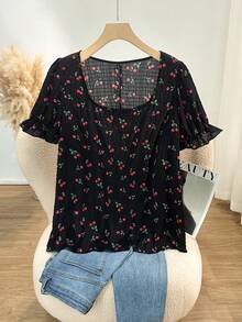 Franclia Áo thun nữ cỡ lớn mùa xuân/hè 2026, chất liệu vải dệt họa tiết hoa anh đào, cổ vuông, tay phồng, thích hợp cho ngày Valentine và năm mới. - màu đen - Xem 1