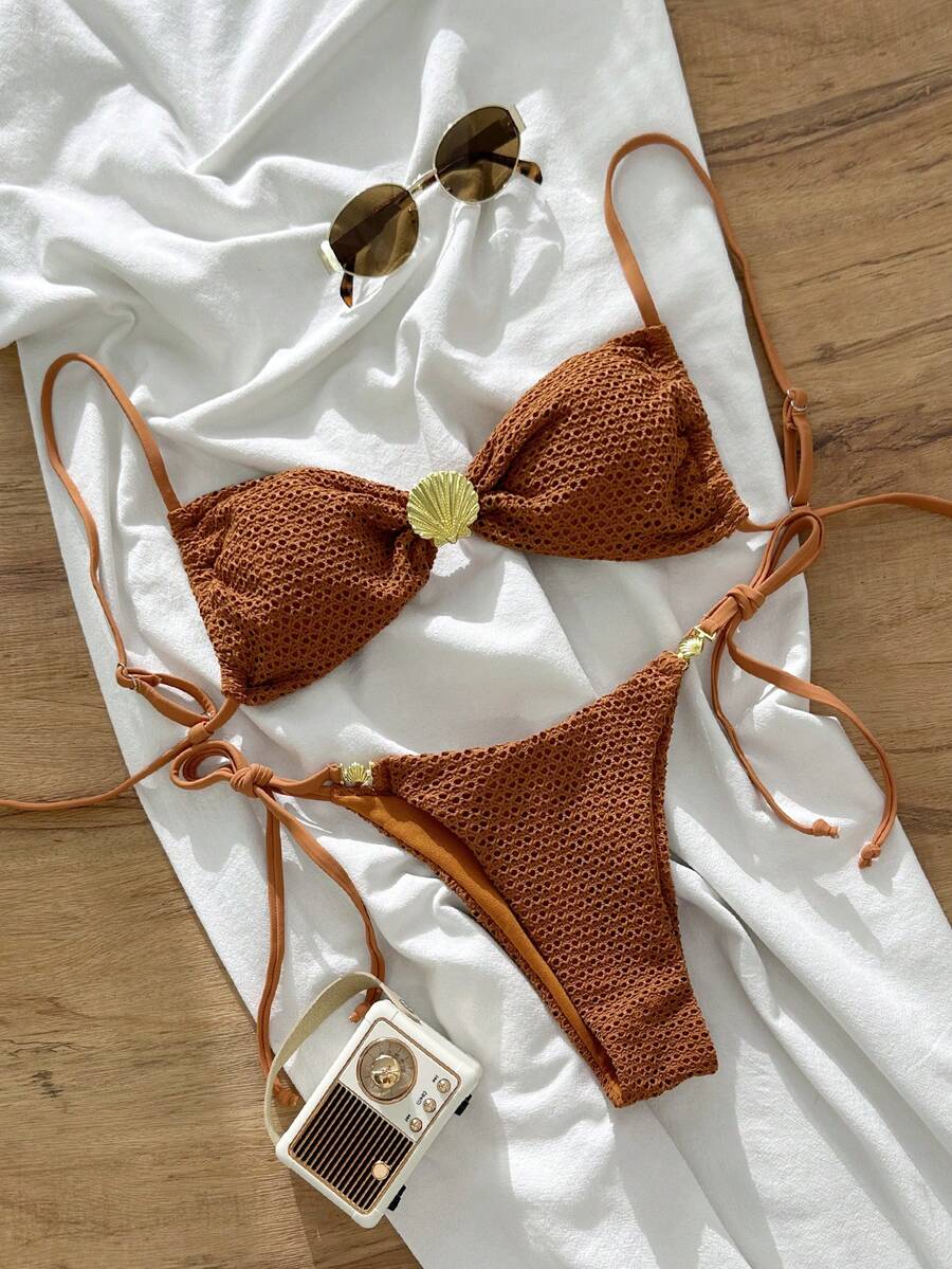 Swim Mod Women's Jacquard Fabric Spaghetti Strap Metal Decor Bikini Set, Spring/Summer - Brown - View 1