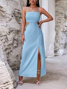 SHEIN VCAY Women's Solid Color Waist Cutout Ruched Side Slit Hem Fashionable Spaghetti Strap Vacation Dress, - Blue - View 6