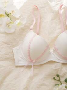 白色钢圈罩杯上托支撑聚拢提拉舒适半罩杯蝴蝶结蕾丝拼接可爱女士文胸 - 白色 - 查看 3