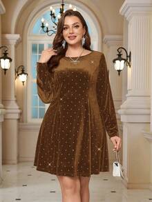 EMERY ROSE Plus Size Women Black Velvet Rhinestone  Round Neck Dress Valentine's Day/Summer/Spring/Vacation - Brown - View 1