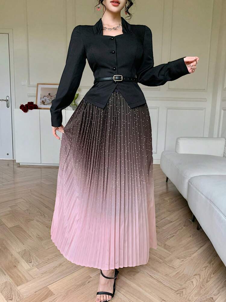 Spring/Summer Gradient Tie-Dye Sequin Embellished Cropped Top And Flared Skirt Set, Elegant For Valentine's Day, Wedding, Party, Formal Occasion, Fashion Event, Slim Fit