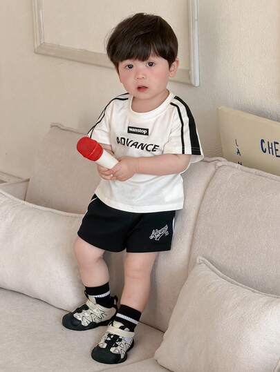 DAZY 2pcs Toddler Boys' Casual English Letter Print Short Sleeve T-Shirt And Shorts Set, Summer