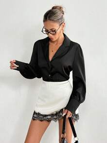 Siren Gaze 女士时尚优雅撞色蕾丝开衩裙摆半身裙 - 杏色 - 查看 6