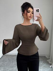 Siren Gaze Elegant Women's Shirt With Tie-Back And Contrast Trim, Long Sleeve Spring Brown Brown Long Sleeve Top Chocolate Brown Top Classy Top Casual - Mocha Brown - View 6