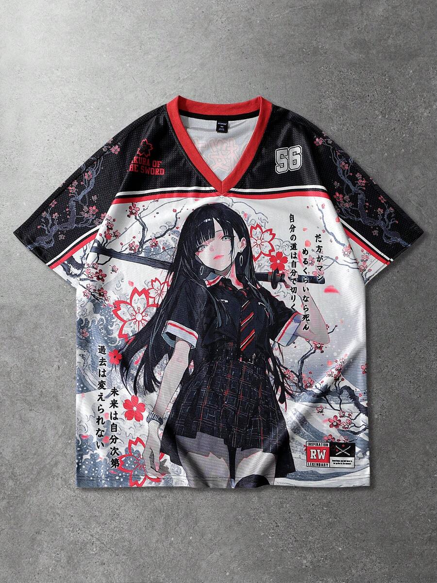 ROMWE MEN Anime 男士动漫印花短袖T恤，适合春夏穿着 - 紅色 - 查看 1