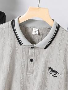 青少年男童撞色罗纹条纹短袖Polo衫 - 灰色 - 查看 6