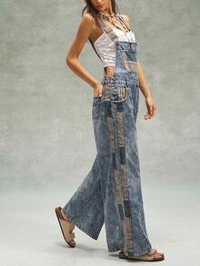 Bohemela Women's Plaid Patchwork Denim Loose Long Pants Overalls With Adjustable Buckles Plaid Spring Outfit Women - Medium Wash - View 1