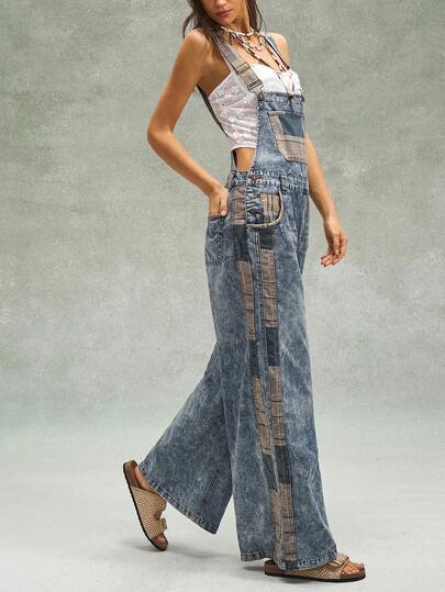 Bohemela Women's Plaid Patchwork Denim Loose Long Pants Overalls With Adjustable Buckles Plaid Spring Outfit Women