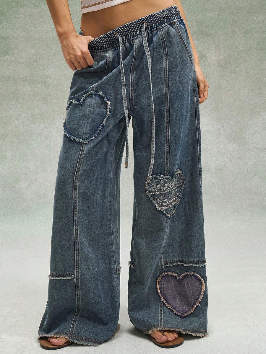 Bohemela Casual Woven Denim Love Pattern Patchwork Low-Waist Loose Wide-Leg Women's Jeans Valentine's Day Spring Spring Outfit Women Jeans Glitter Women