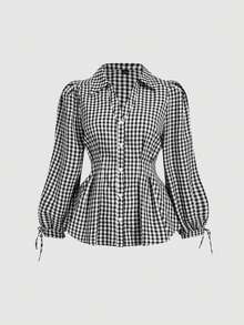 SHEIN MOD 加大码黑白格子收腰翻领衬衫，适合春夏外出、休闲约会和通勤穿着。