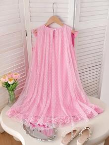 SHEIN Elegant Fashion Ruffle Trim Pearl Decor Mesh Girls Dress Pink Bow Ruffle Strap Dress - Pink - View 2