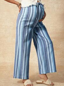 Boho Mama Summer Outfit Maternity Clothes Maternity PantsBlue Rainbow Striped Cotton Elastic Waistband Maternity Vacation Pants, Breathable And Sweat-Wicking.   Pregnant Women's Striped Drawstring Waist Casual Versatile Wide Leg Pants For Daily Wear - Mint Blue - View 3