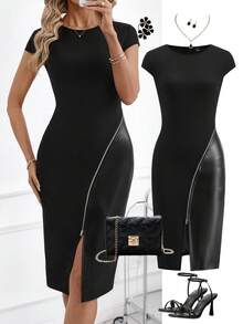 Ellevyn Women's Round Neck Hooded Short Sleeve Knit Dress, Stretchy Fitted Bodycon With Metal Zipper PU Splice Slit, Elegant For Daily Wear, Commute, Office, Spring/Summer Elegant Dresses For Women Summer Outfits Black Dress Summer Dress Women Bodycon Dress Black Sexy Dress Women Black Curve Dress Split Thigh Dress Sexy Curve Dress - Black - View 1