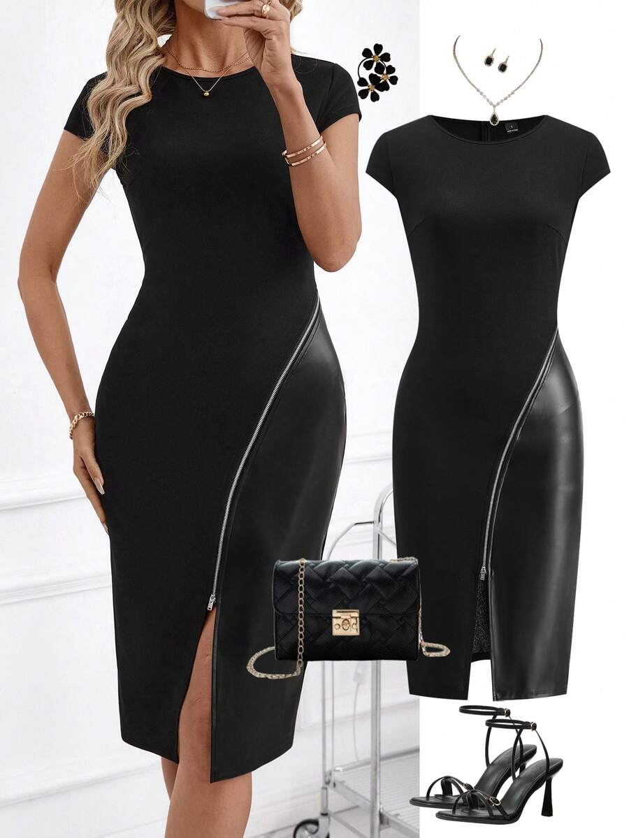 Ellevyn Women's Round Neck Hooded Short Sleeve Knit Dress, Stretchy Fitted Bodycon With Metal Zipper PU Splice Slit, Elegant For Daily Wear, Commute, Office, Spring/Summer Elegant Dresses For Women Summer Outfits Black Dress Summer Dress Women Bodycon Dress Black Sexy Dress Women Black Curve Dress Split Thigh Dress Sexy Curve Dress - Black - View 1