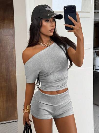 Muchica Women's Knitted Asymmetric-Shoulder Short Sleeve Cropped T-Shirt Set