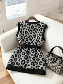 GlowEve Chic Leopard Print Crew Neck Women Knitted Vest Cardigan - Multicolor - View 2