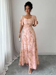 Modelyn 女士雪纺蝴蝶印花蝙蝠袖百褶甜美法式夏装 - 橘色 - 查看 7