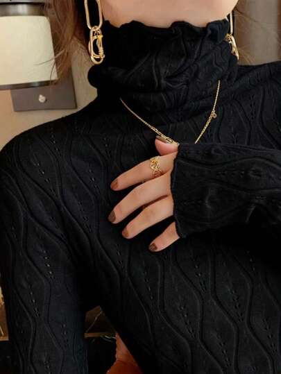 INAWLY 女士休闲纯色高领网眼针织衫，秋冬季