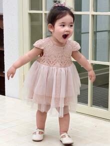 DAZY Toddler Girls' Round Neck Lace Casual Mesh Patchwork Party Birthday Short Sleeve Dress - Pink - View 4