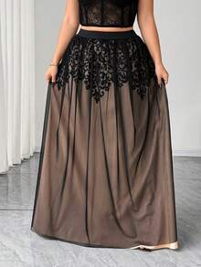 Elenzga Plus Size Women's Positioning Printed Black Mesh Skirt, & Elegant For Autumn/Winter,Wedding,Graduation,Holidays,Valentine's Day,Parties,Outings - Black - View 8