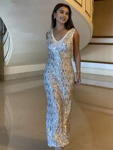 Livesso V-Neck Sequin Sleeveless Midi Party Dress For Wedding Guest Sparkly Dress Sundress - Apricot - View 1