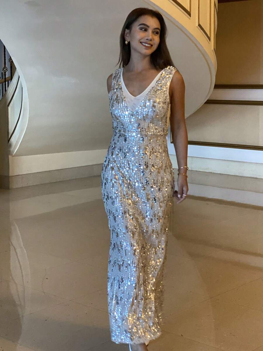 Livesso V-Neck Sequin Sleeveless Midi Party Dress For Wedding Guest Sparkly Dress Sundress - Apricot - View 1