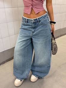 StreetHx 女士时尚休闲街头水洗斜插口袋宽松牛仔裤 - 藍色 - 查看 4