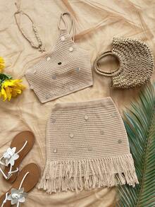 Soleia Women's Casual, Vacation, Western, Beach Wedding Guest, Graduation, Brunch, St. Patrick's Day, Spring Break, Easter, Music Festival Elegant Bohemian Tropical Fringe Sequin Knit Two Pieces Sweater Set, Spring/Summer - Apricot - View 1