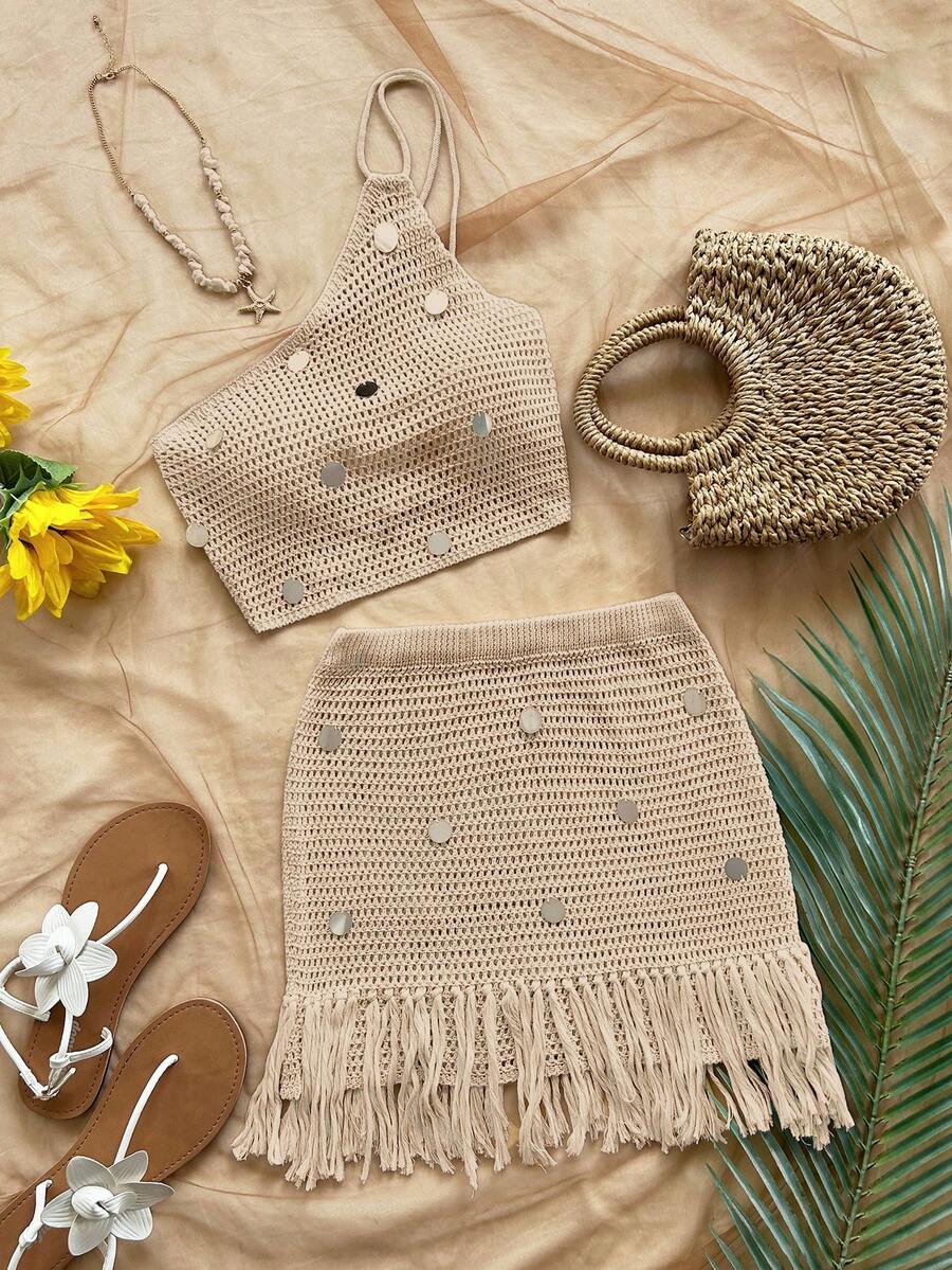 Soleia Women's Casual, Vacation, Western, Beach Wedding Guest, Graduation, Brunch, St. Patrick's Day, Spring Break, Easter, Music Festival Elegant Bohemian Tropical Fringe Sequin Knit Two Pieces Sweater Set, Spring/Summer - Apricot - View 1