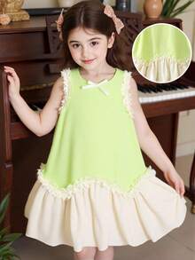 Young Girl Fresh Light Green Bow Ruffle Hem Cute Casual Dress, Suitable For Daily, Commute, Vacation, Outfit - Multicolor - View 1
