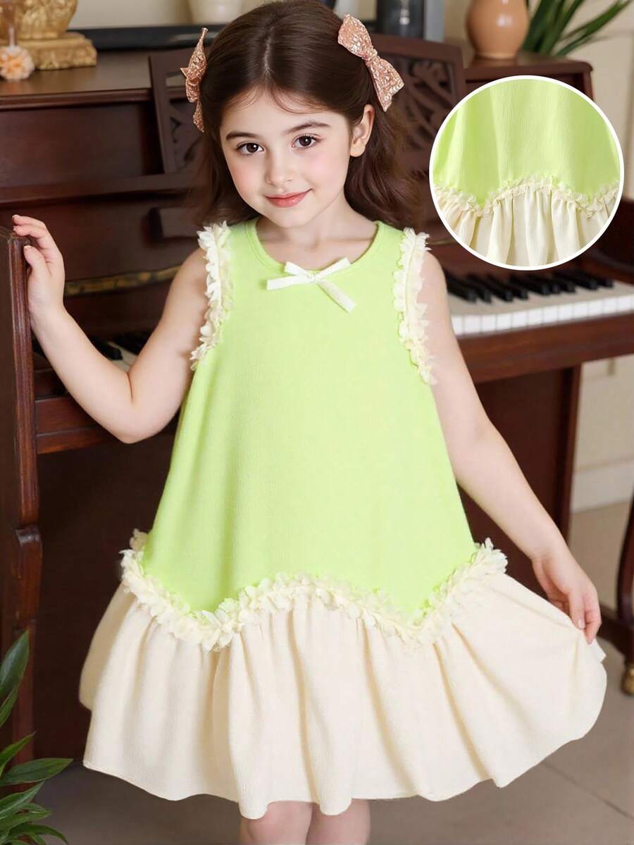 Young Girl Fresh Light Green Bow Ruffle Hem Cute Casual Dress, Suitable For Daily, Commute, Vacation, Outfit - Multicolor - View 1